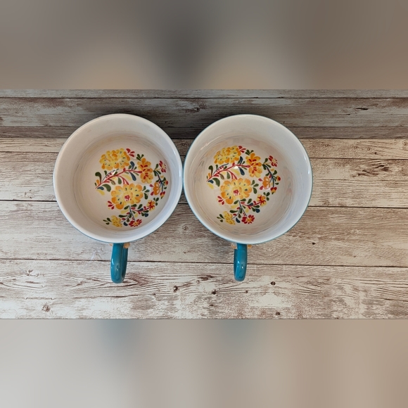 Anthropologie Hand Painted Pair Teacups Folk Floral Coffee Mug Cups - Picture 5 of 5